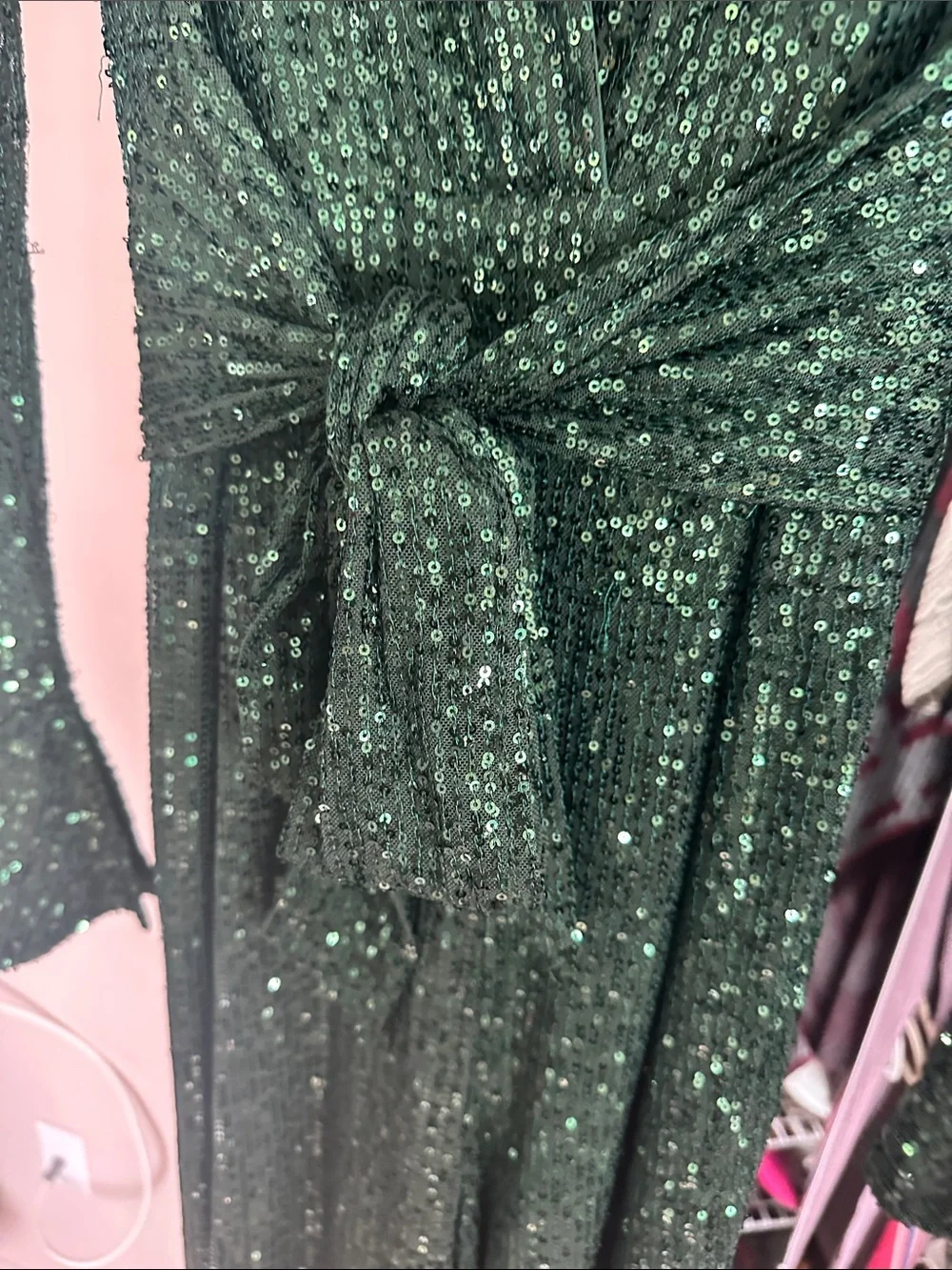Fashion Nova Emerald Green Sequin Wrap jumpsuit
